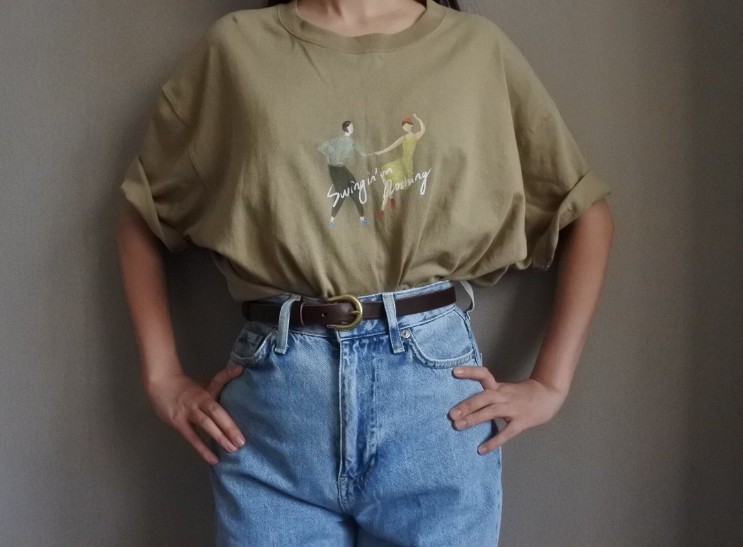 Birdddland原創手繪圖案 Swing復古重磅Tshirt 深卡其色 禮物 - 中性连帽卫衣/T 恤 - 棉 卡其色