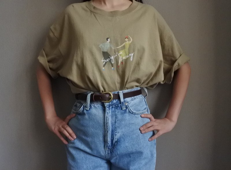 Birdddland原創手繪圖案 Swing復古重磅Tshirt 深卡其色 禮物 - 中性连帽卫衣/T 恤 - 棉 卡其色