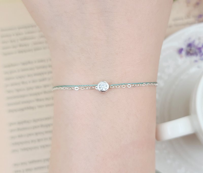 链绳款 纯银 银包镶钻 红线 手链 银饰 红绳 手绳 极简 单钻 圆钻 - 手链/手环 - 纸 绿色