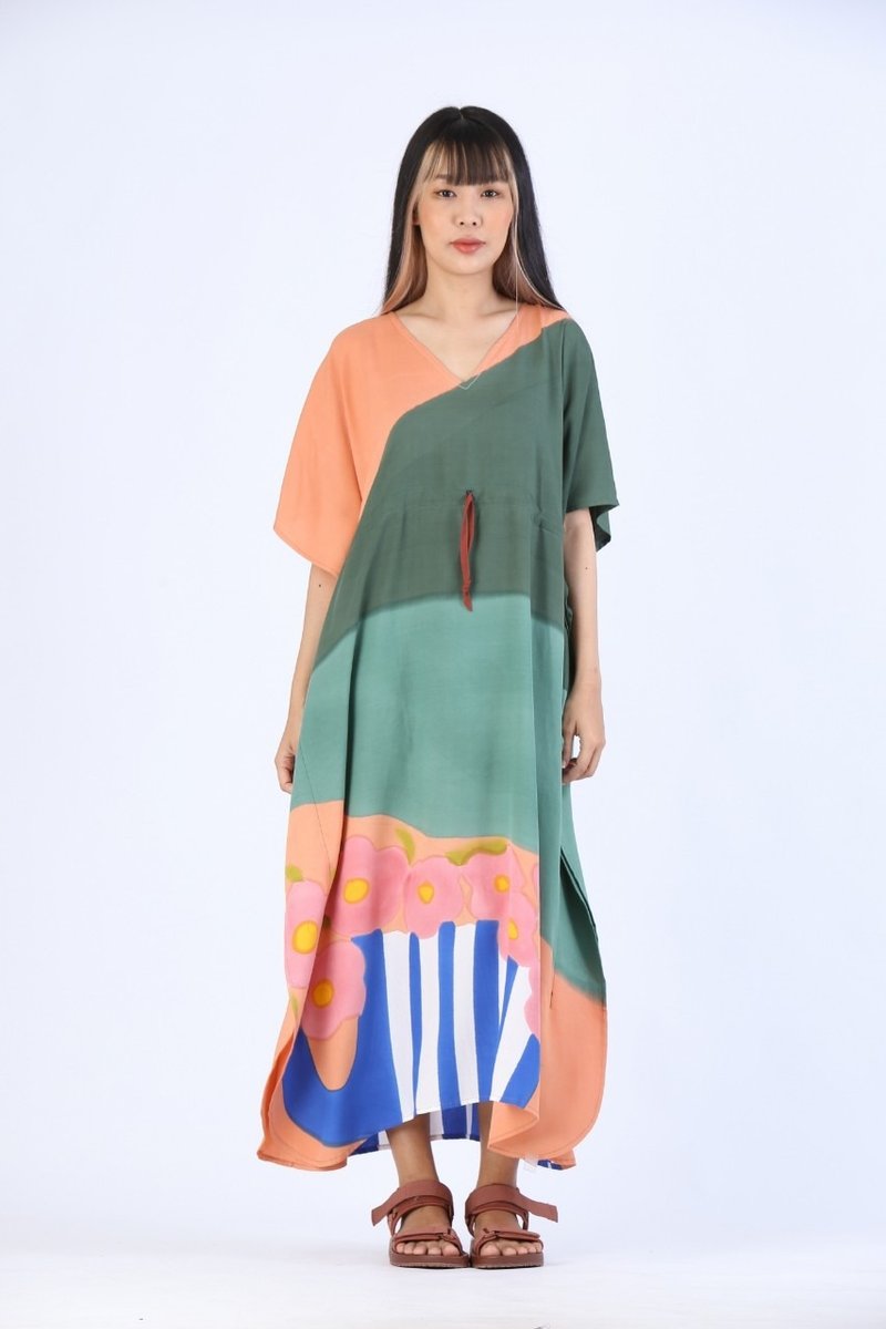Kaftan Waist Jump Cotton Rayon Hand paint For Summer Beach V - 洋装/连衣裙 - 聚酯纤维 绿色