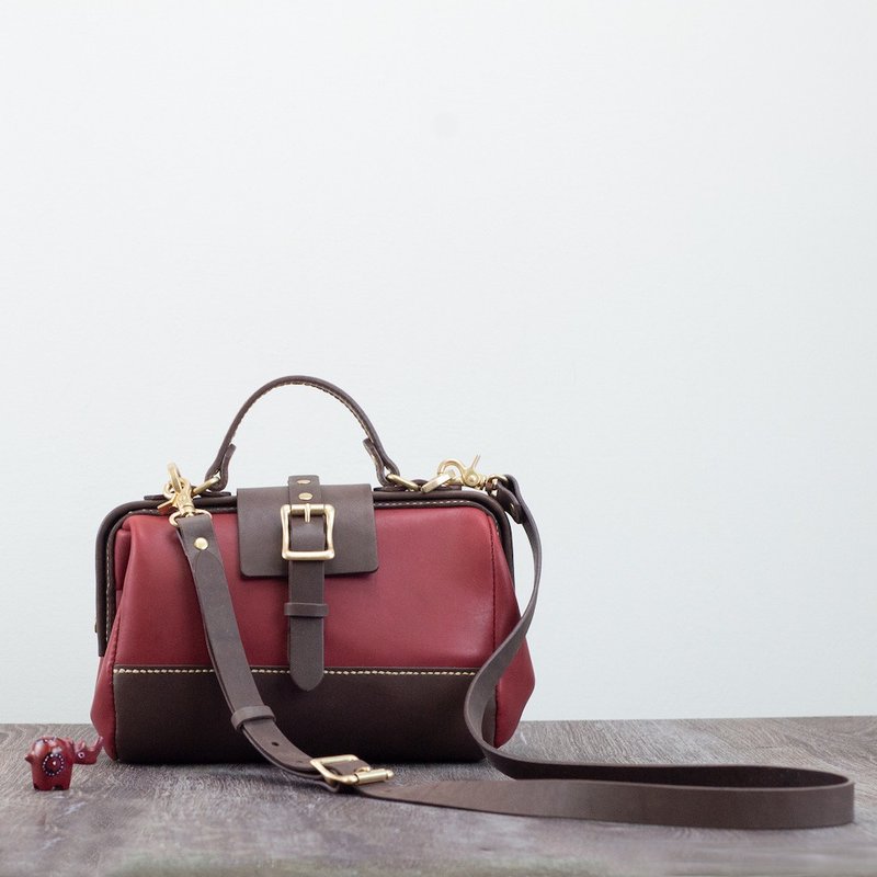 口金包 圆筒医生包 肩背包 侧背 真皮全手缝 - 公文包/医生包 - 真皮 红色