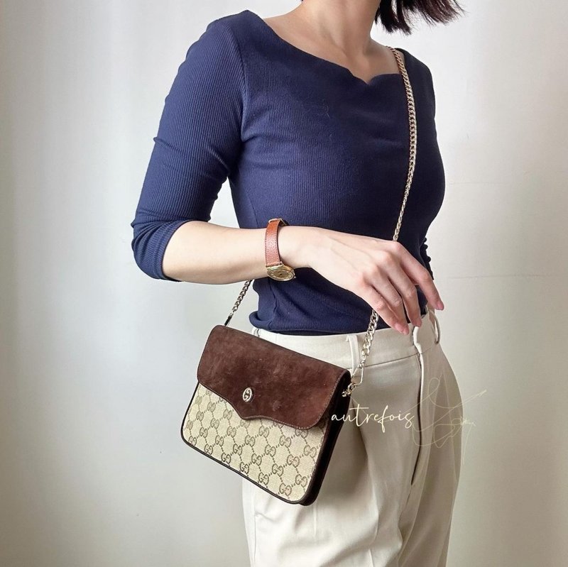 中古 Gucci 麂皮拼接手拿包 斜背包 - 侧背包/斜挎包 - 真皮 咖啡色