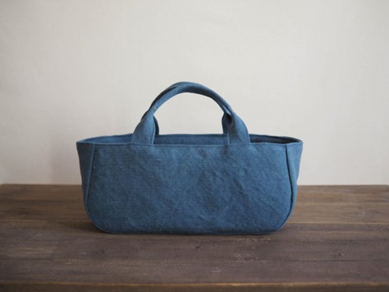 Made-to-order [MILITARY TWILL] Round tote with lid Yokonaga Blue - 手提包/手提袋 - 棉．麻 蓝色