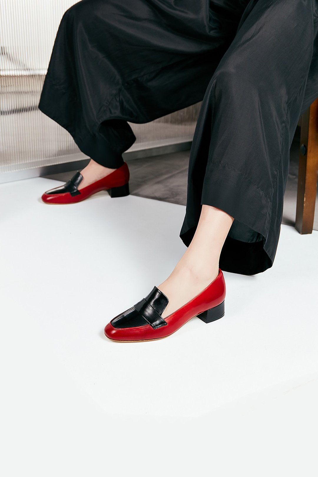HTHREE 3.4圆头乐福跟鞋 / 辣椒红 / Round Toe Loafer Heels - 其他女款皮鞋 - 真皮 红色