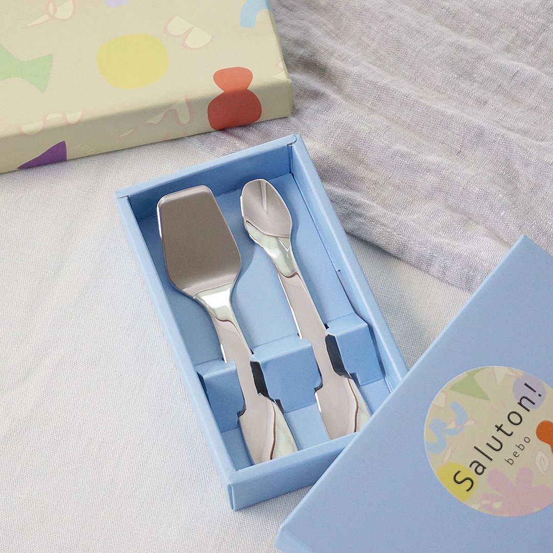 saluton! bebo Baby Cutlery 2pcs Gift Set Present Spoon feeding Cute Japan - 餐刀/叉/匙组合 - 不锈钢 银色
