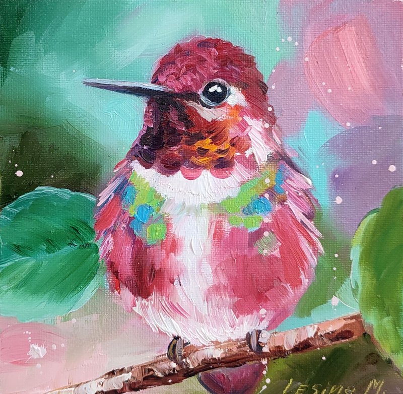 蜂鸟 油画 鸟类 小型艺术品 鸟类画作 花卉画作 鸟类艺术 - 墙贴/壁贴 - 其他材质 蓝色