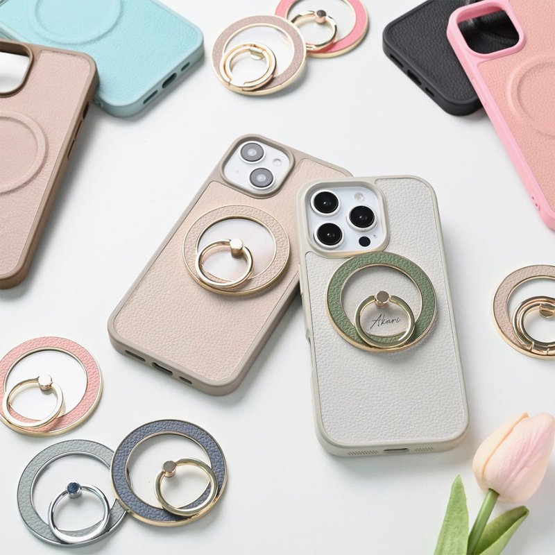 MagSafe 兼容 手机环 彩色背盖组 【 压纹缩小皮革 】 定制刻字 真皮手机壳 莫兰迪色 MagSafe JS22K - 手机壳/手机套 - 真皮 咖啡色