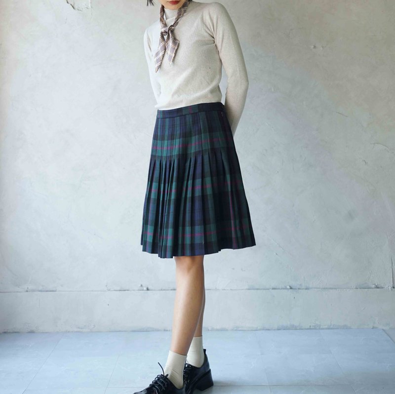 寻宝古着-Brooks brothers英伦风绿格纹毛料百褶裙 - 裙子 - 羊毛 绿色