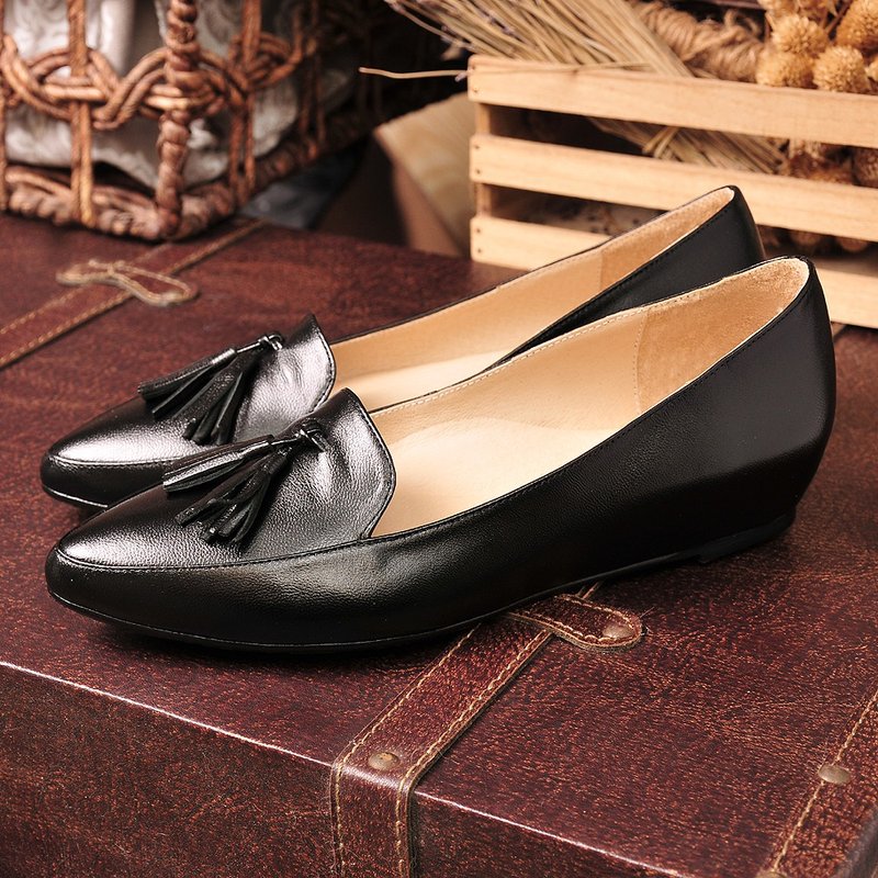 黑色 真皮流苏尖头内增高楔型鞋 - 其他女款皮鞋 - 真皮 