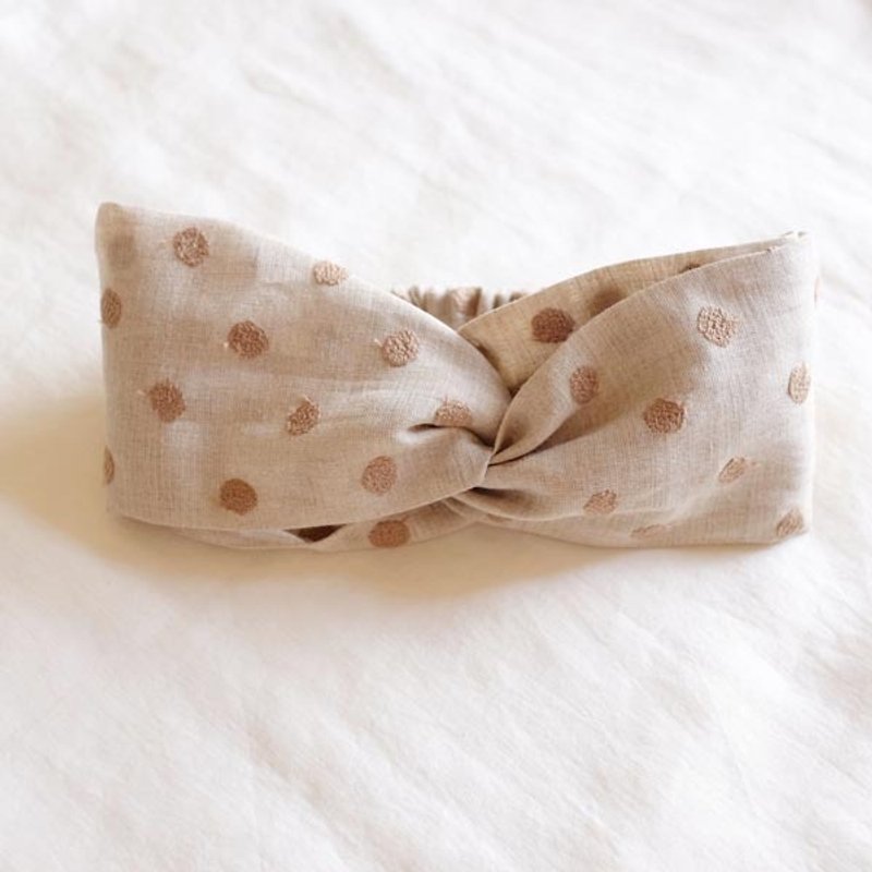 自然风宽发带。亚麻圈圈刺绣，浅褐 - 发饰 - 棉．麻 卡其色