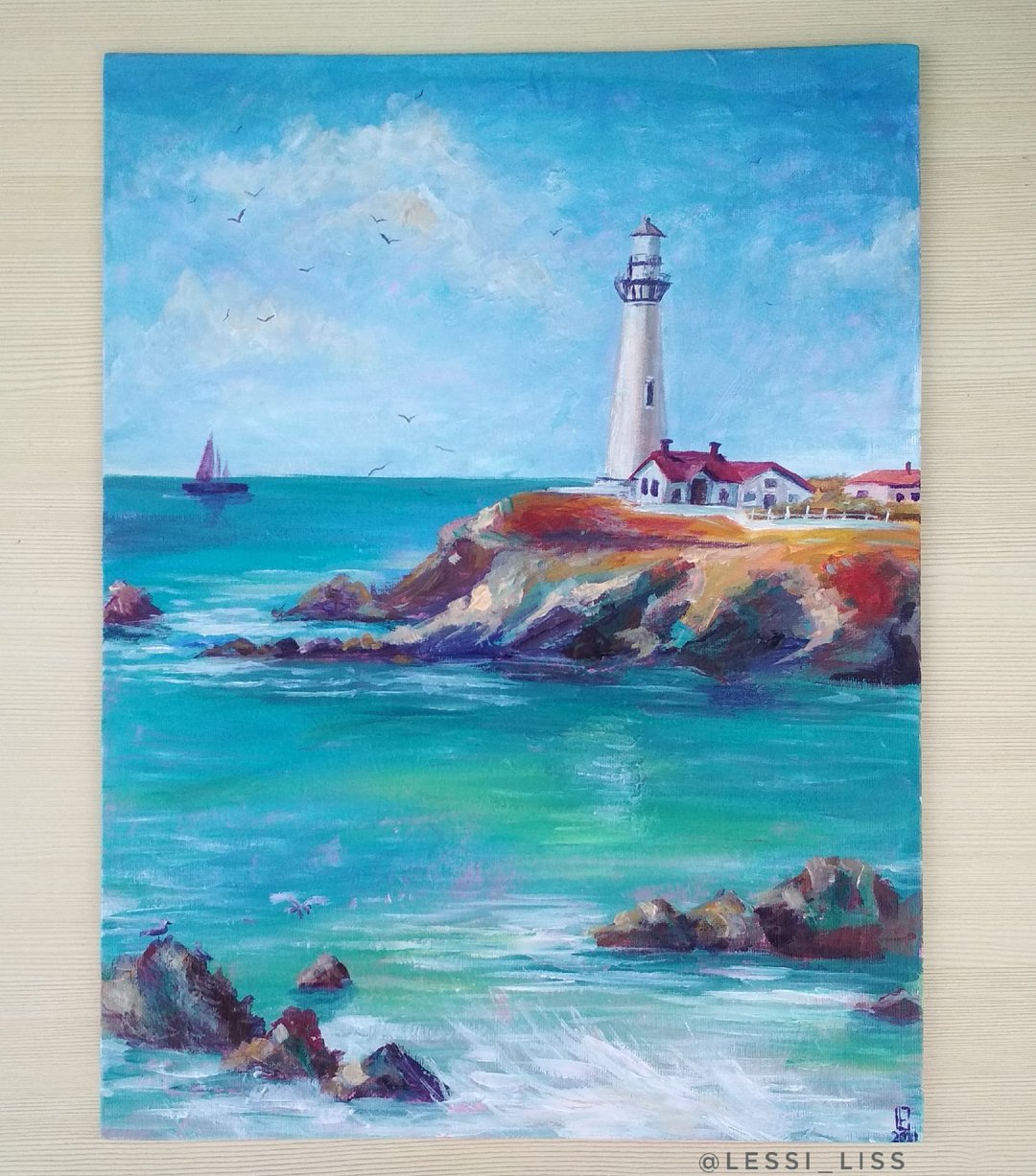 海景灯塔原画在画布上蓝色海洋海浪海岸岩石 - 墙贴/壁贴 - 压克力 蓝色