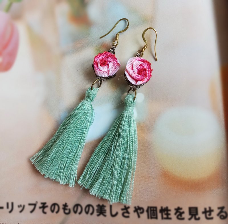 玫瑰花耳环 线耳环 流苏耳环 布花耳环  EAR-040 - 耳环/耳夹 - 其他金属 绿色
