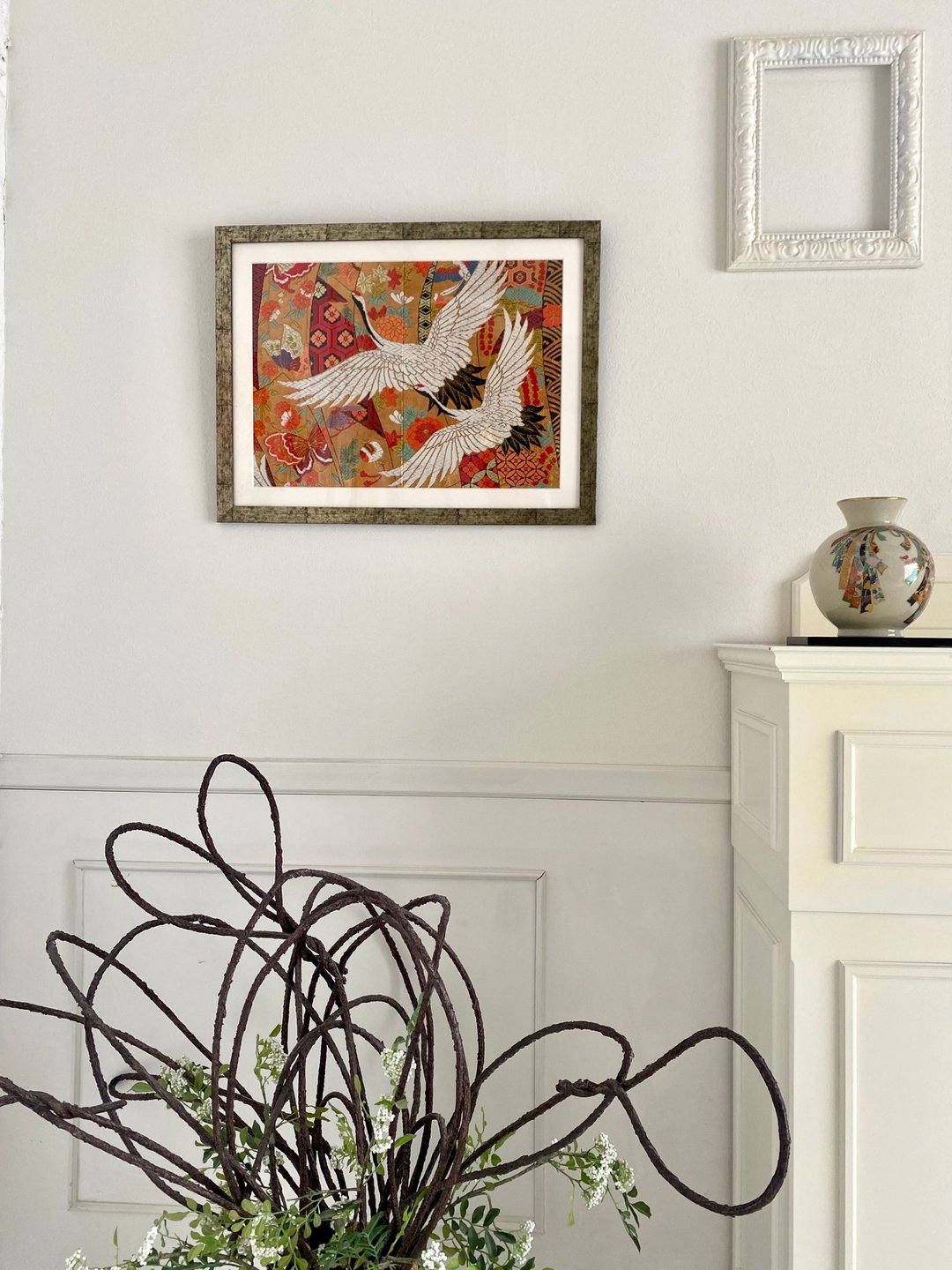 Flame 053 Crane  Auspicious pattern  Used Kimono  Fabric Japanese Traditional - 墙贴/壁贴 - 丝．绢 金色