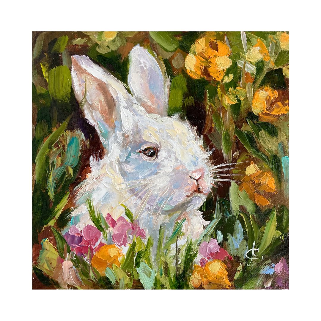 White Rabbit Painting Original oil Artwork Animal Painting Small art - 墙贴/壁贴 - 其他材质 