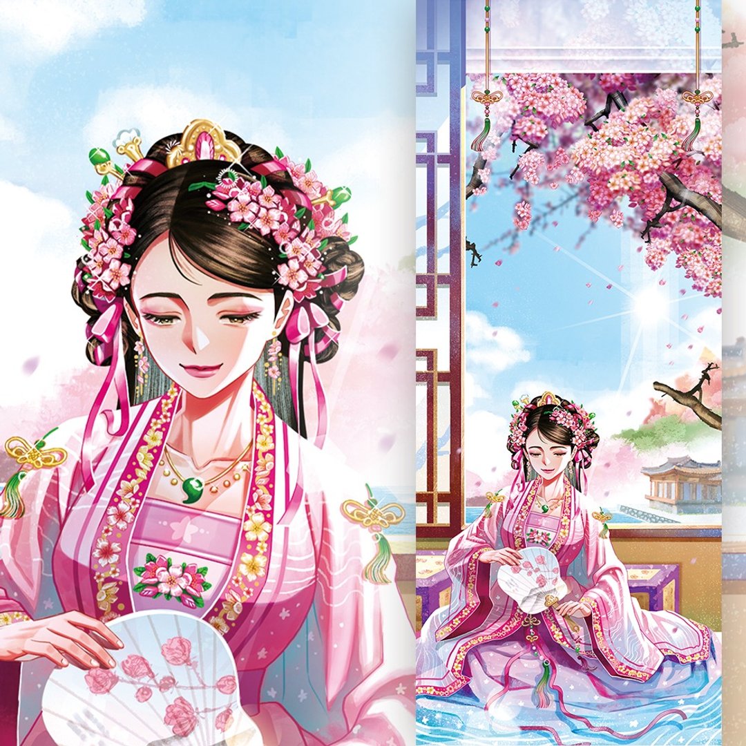 四季 - 春日少女 韩国韩服插画风明信片 (uha) 书签 - 卡片/明信片 - 纸 粉红色
