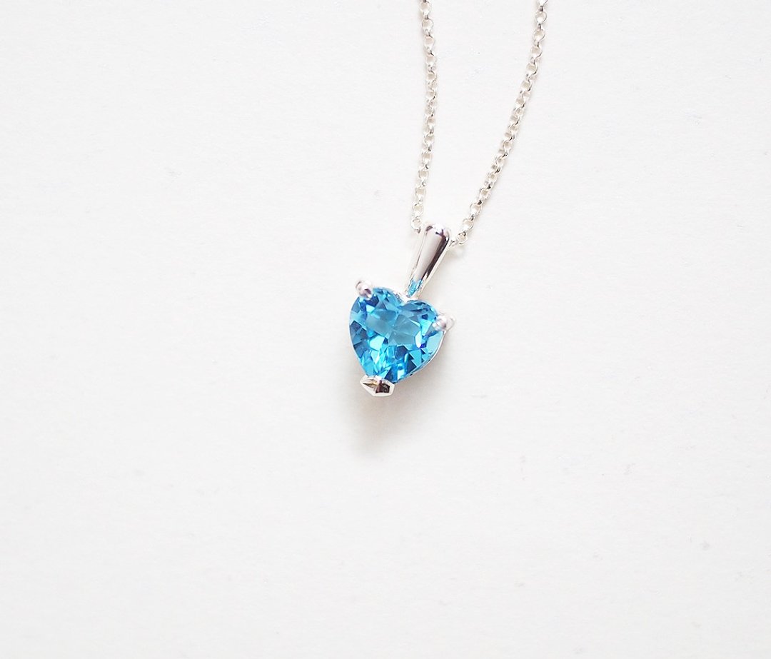 心形瑞士蓝拓帕石吊坠项链 手作纯银silver925 Topaz Swiss Blue - 项链 - 宝石 蓝色