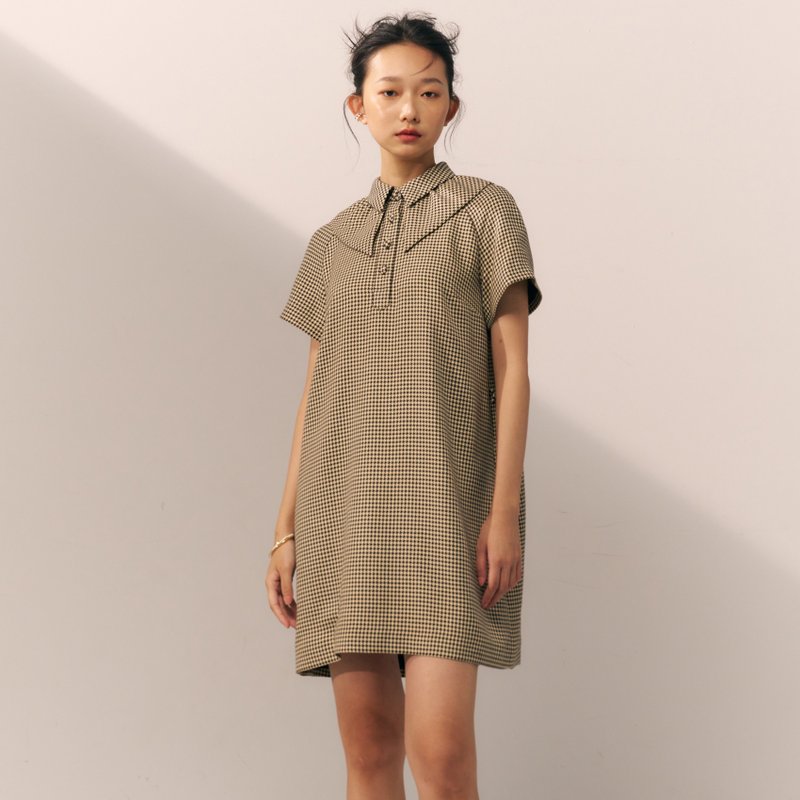 荷叶领与领系绳洋装/千鸟格 - 洋装/连衣裙 - 其他材质 灰色