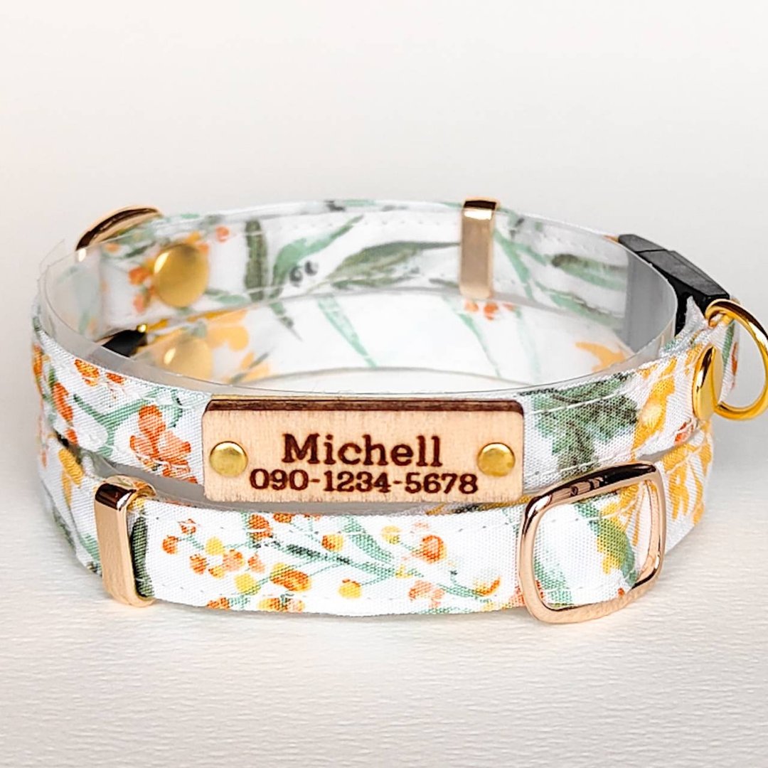 Made in JAPAN　Cat Dog Collar with wood name Tag Personalization Order made - 项圈/牵绳 - 棉 白色
