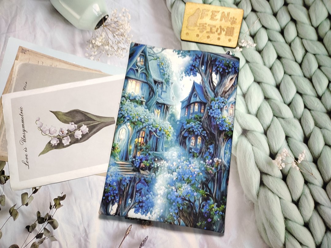 风景系列-高品质薄棉布料蓝紫梦幻树屋布书衣-布书套A5-25K规格 - 书衣/书套 - 棉 