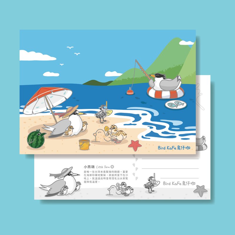 鸟明信片 | 带着海鸟宝宝去玩水 | 小燕鸥、黑嘴端凤头燕鸥 - 卡片/明信片 - 纸 蓝色