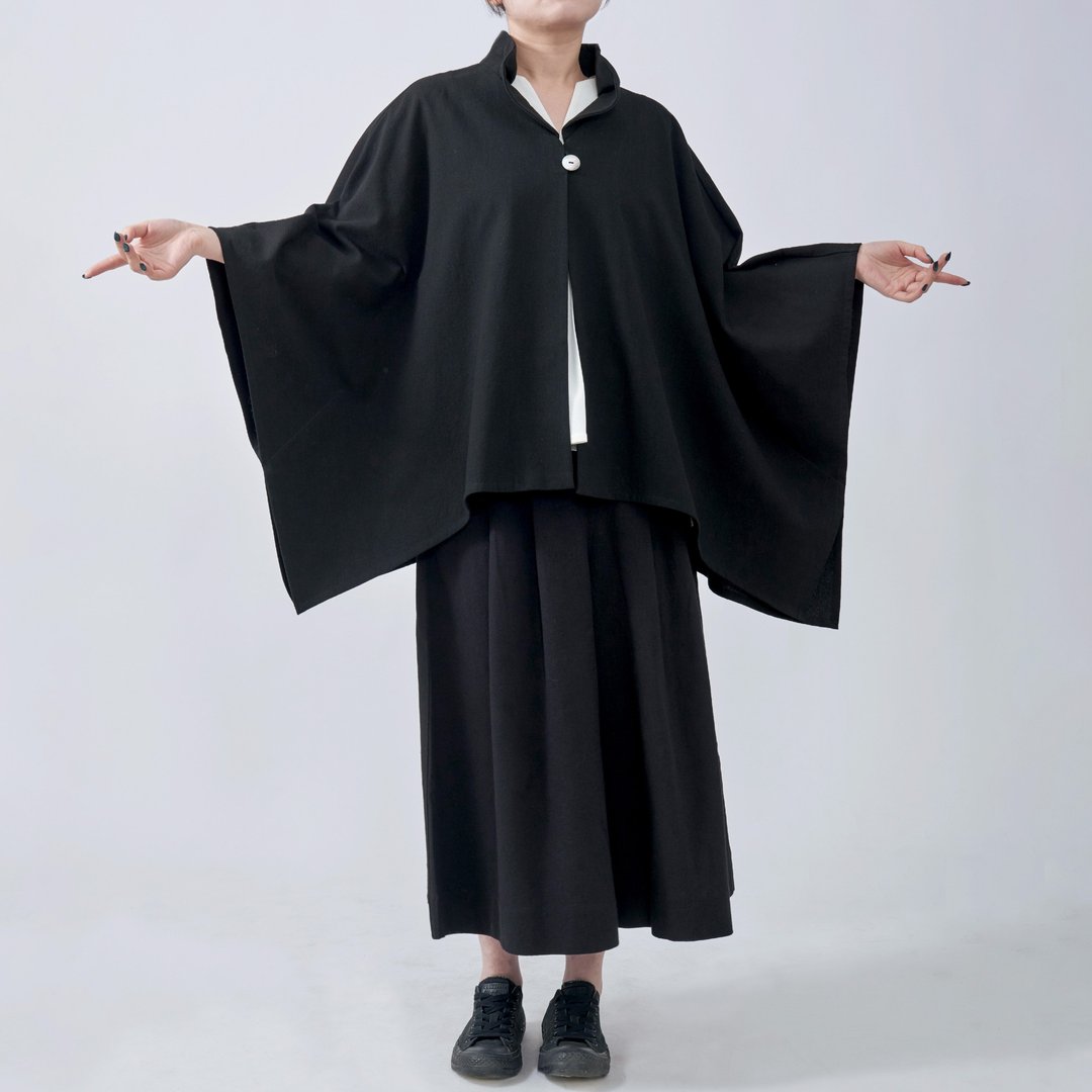 斗篷罩衫 天然棉麻 | 黑色 - 女装休闲/机能外套 - 棉 黑色