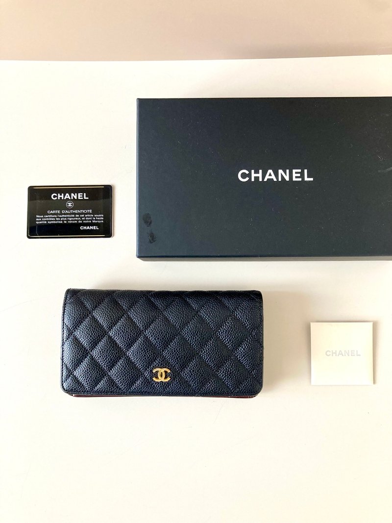 全套配件 Chanel中古黑色金标鱼子酱皮革长夹 钱包 二手皮夹 手袋 - 皮夹/钱包 - 真皮 黑色