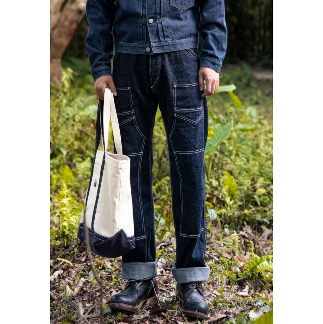 井下工装裤 牛仔长裤 14oz 高腰宽松  工装大口袋 巴黎扣 多口袋 - 男士长裤 - 棉 蓝色