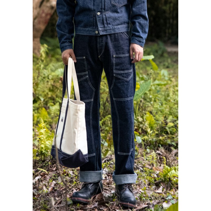 井下工装裤 牛仔长裤 14oz 高腰宽松  工装大口袋 巴黎扣 多口袋 - 男士长裤 - 棉 蓝色