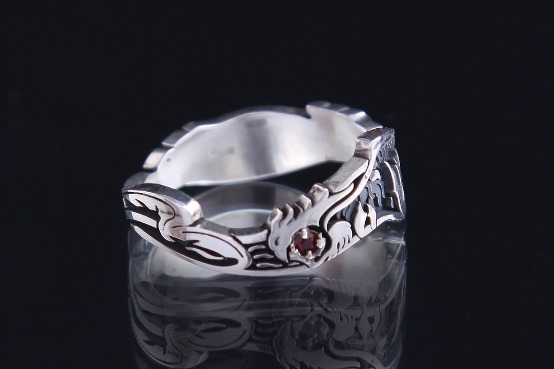 Silver rinf phoenix with garnet - 戒指 - 纯银 银色