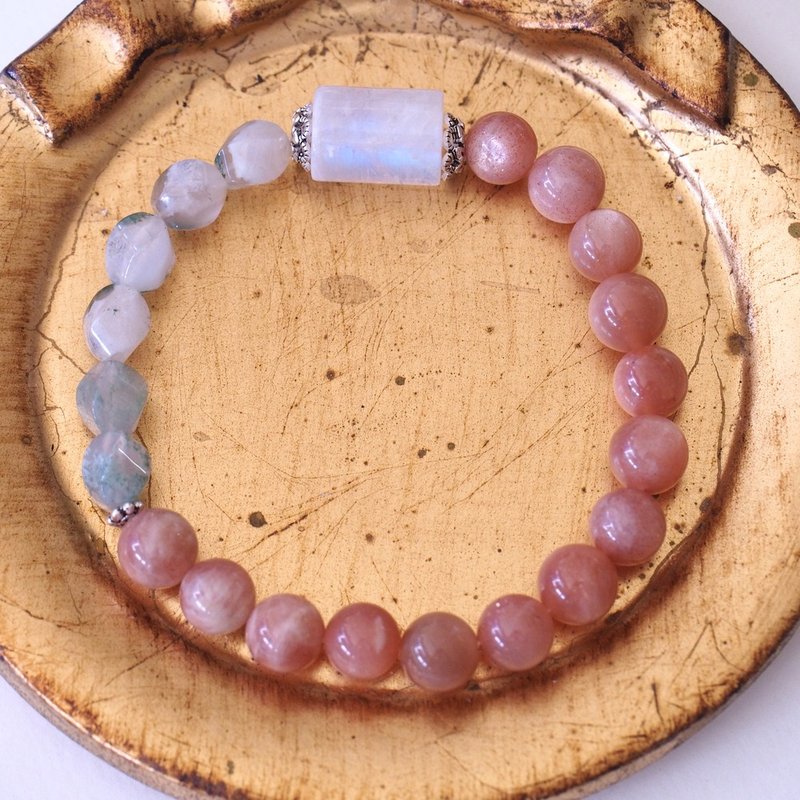蓝晕月光石 太阳石 乳苔玛瑙 纯银 手环 Blue moonstone Bracelet - 手链/手环 - 半宝石 白色