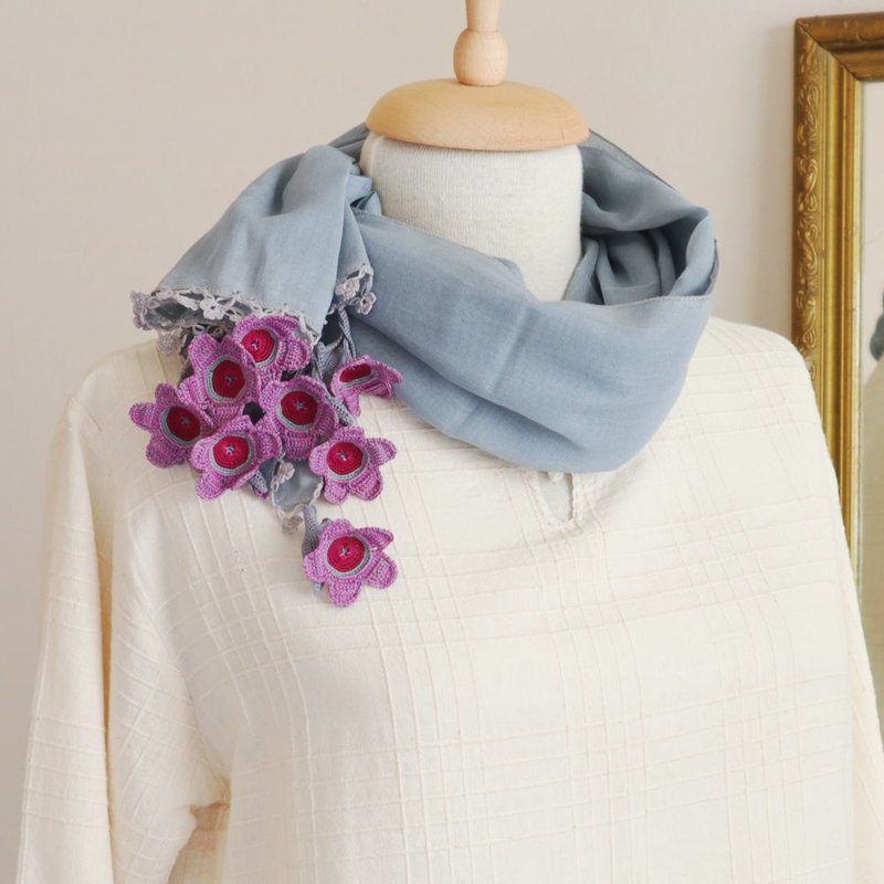 立体花饰．花之棉质披肩【海葵】灰色 - 丝巾 - 棉．麻 灰色