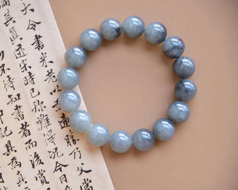 【籽料】【青花】天然和田玉新疆籽料青花12mm手串 - 手链/手环 - 玉石 灰色