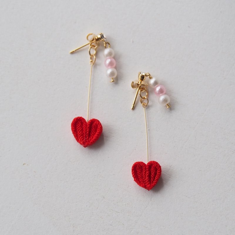 【心心相印】红心棉珍珠水晶定制耳环耳夹 14kgf 925 - 耳环/耳夹 - 聚酯纤维 红色
