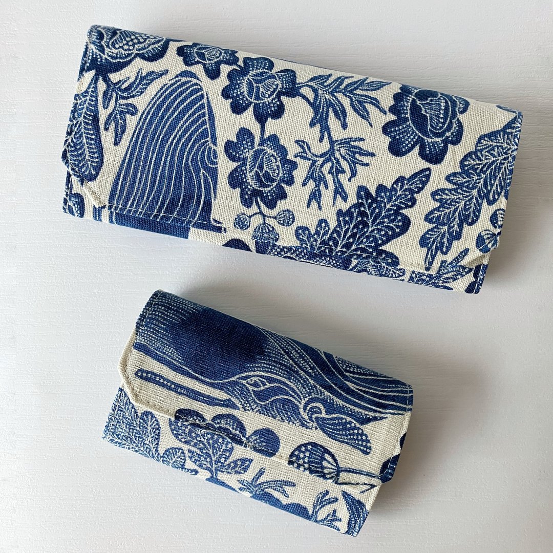 特别款/鲸鱼花卉棉麻布+纸长夹银包/1983ER 水墨画风格 - 皮夹/钱包 - 纸 蓝色