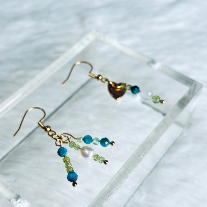 - 土耳其海珍珠 - 垂坠水晶耳环 文青日系复古 蓝磷灰石 橄榄石 - 耳环/耳夹 - 不锈钢 绿色