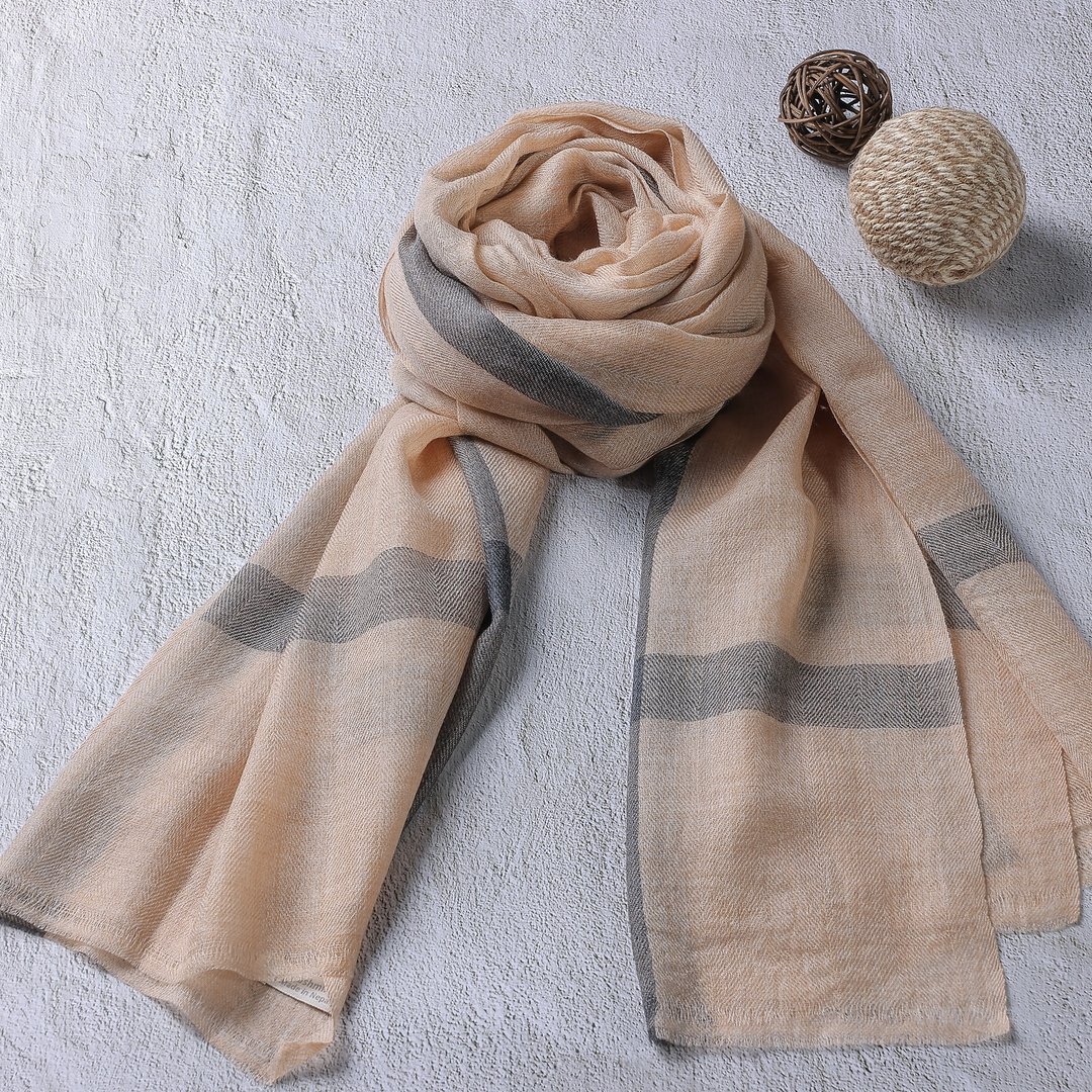 Cashmere 羊绒围巾/披肩 深灰条纹 褐色无染原色 轻柔保暖 - 围巾/披肩 - 羊毛 卡其色