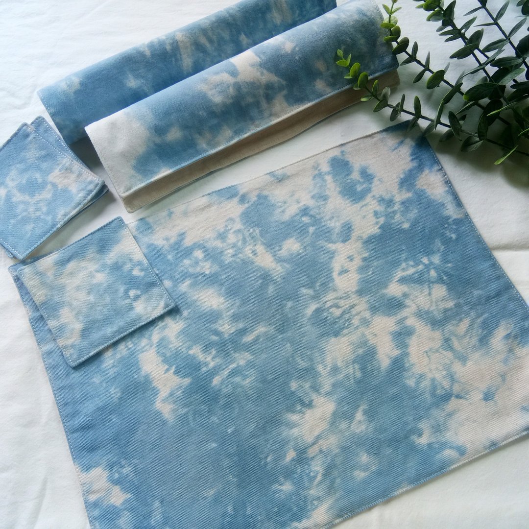 Cotton tie dyed placemat and coasters, Set of 2, set of 4, Blue, Indigo - 餐垫/桌巾 - 棉 蓝色