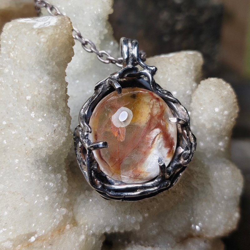 三色异象兔毛水晶银吊墬 - 项链 - 宝石 红色