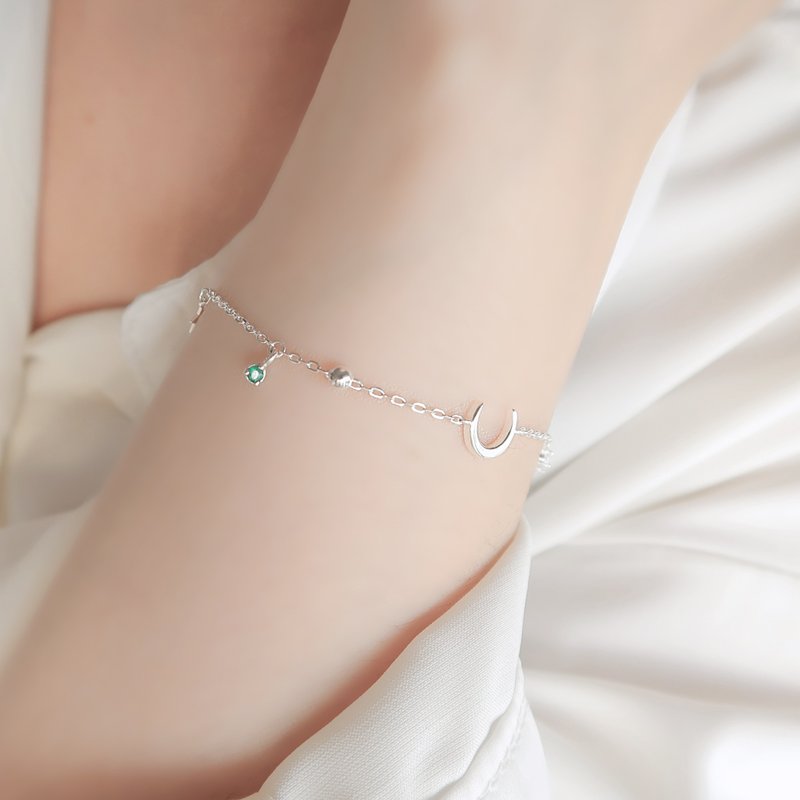 925纯银 绿玛瑙 月亮 星星 小钻 定制化刻字 手链 免费送礼包装 - 手链/手环 - 纯银 绿色