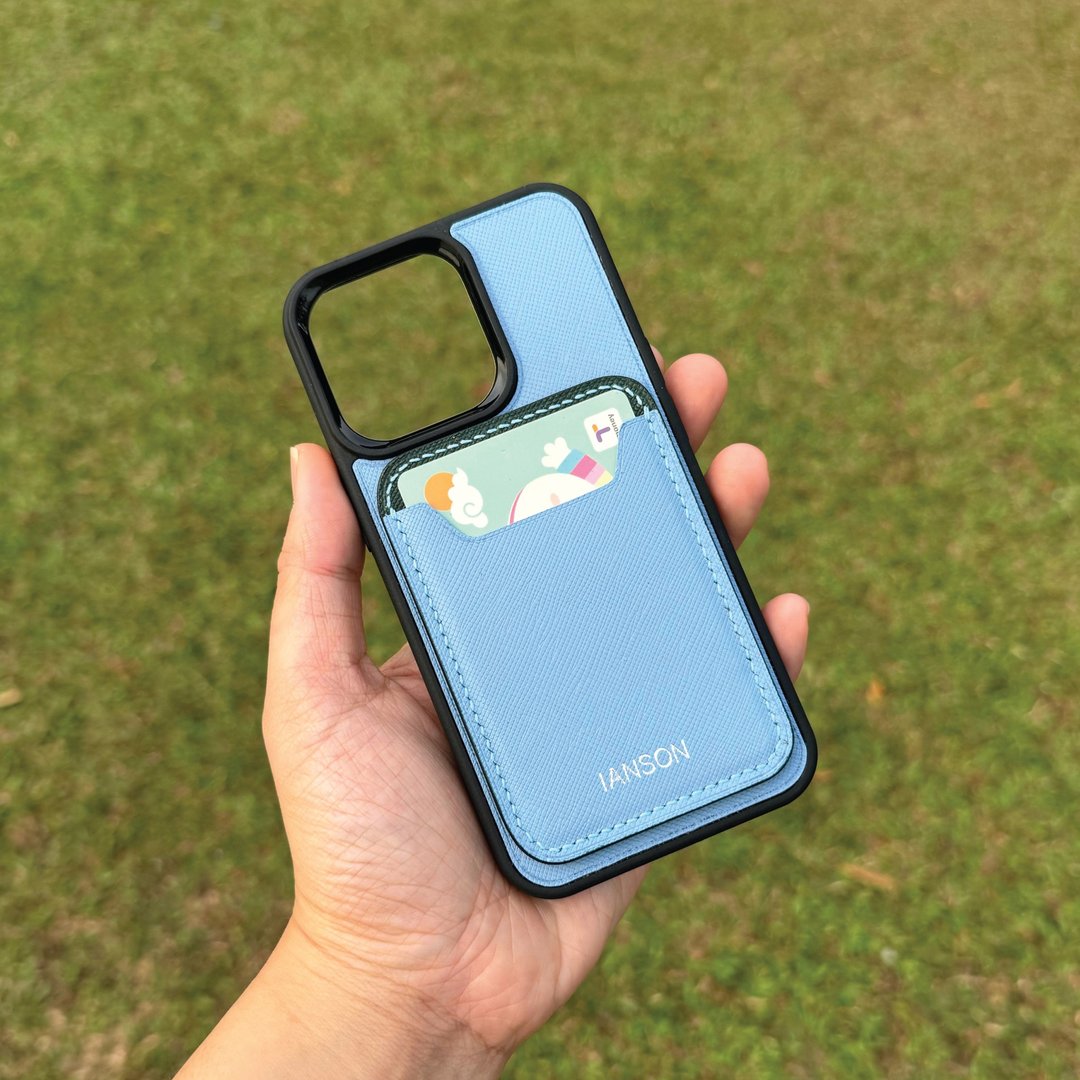 【iPhone 磁吸咭位手机壳】粉蓝色十字纹牛皮/Magsafe 卡套/磁吸力 - 手机壳/手机套 - 真皮 蓝色