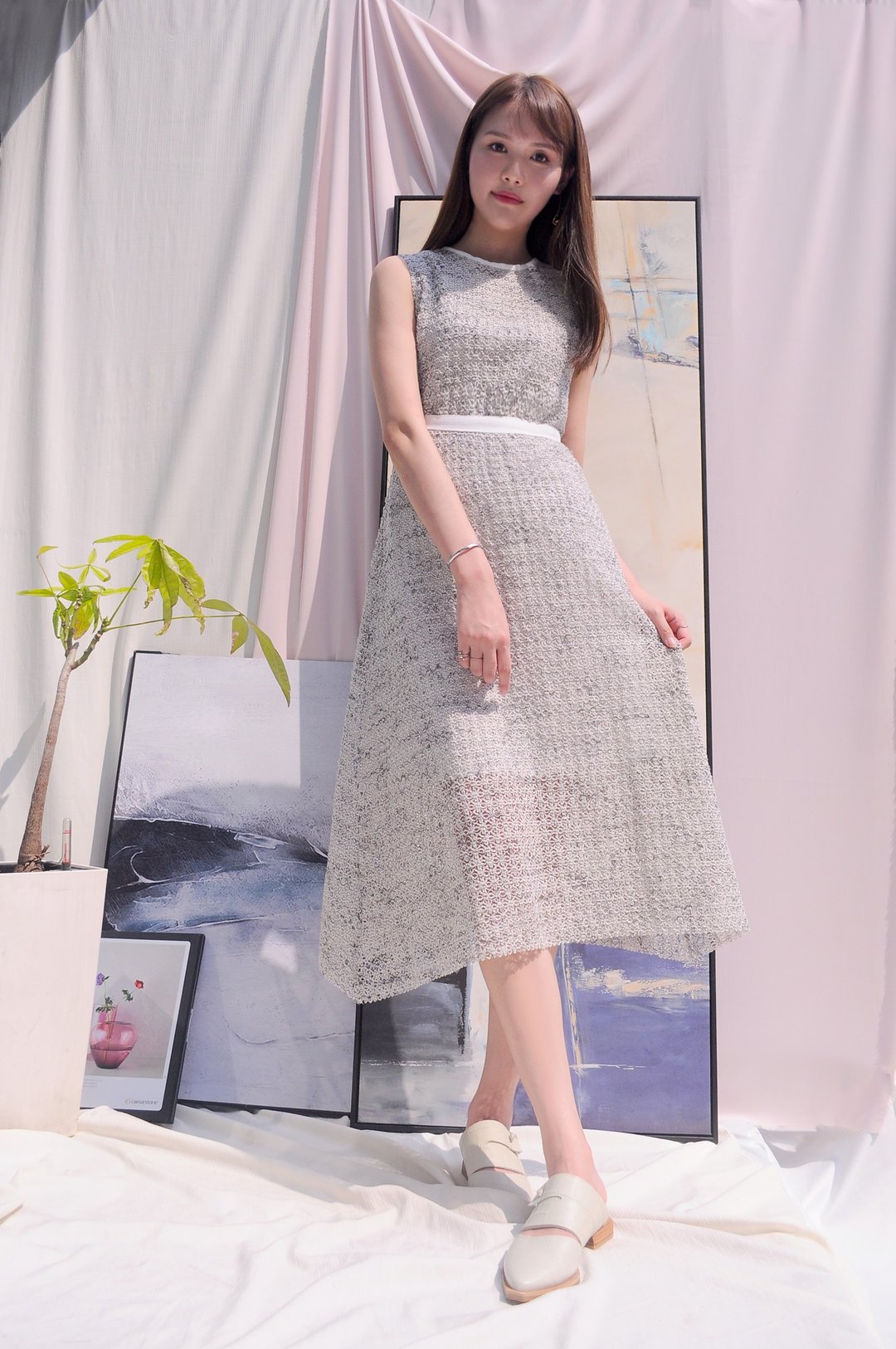 Estella Dress黑白色花线编织连身裙 - 洋装/连衣裙 - 其他人造纤维 灰色