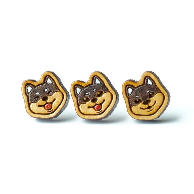 彩绘木耳环-黑柴(三款随机) - 耳环/耳夹 - 木头 黑色