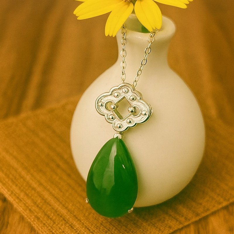 如意所在 玉 坠子 天然碧玉 A货 925 纯银 项链 礼物 - 项链 - 玉石 绿色