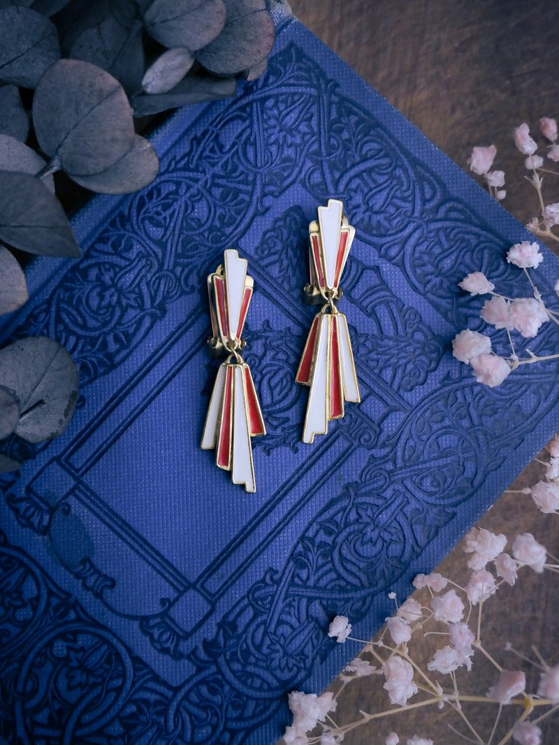 ORENA 几何花火红白垂坠耳环－法国古董首饰 Vintage Jewelry - 耳环/耳夹 - 珐琅 