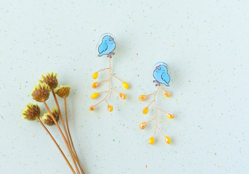 Mimosa and blue bird earrings - 耳环/耳夹 - 压克力 蓝色