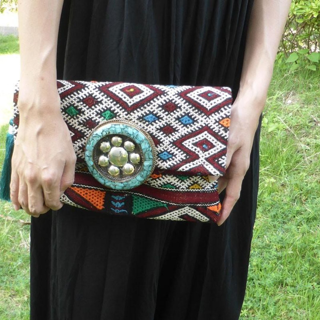Buckle with vintage kilim clutch bag * Turquoise - 侧背包/斜挎包 - 棉．麻 蓝色