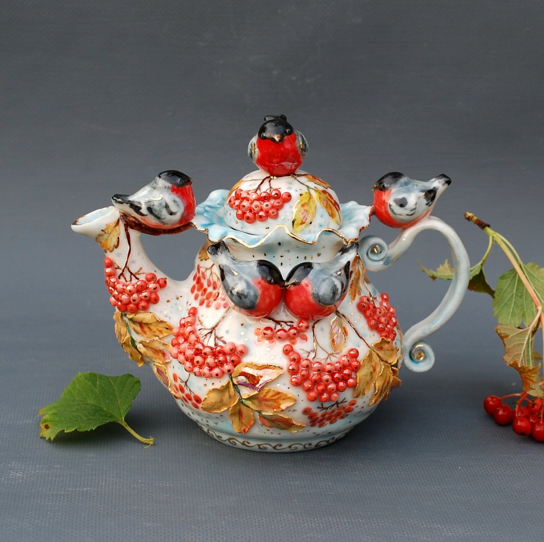 Porcelain Art teapot Birds figurines Rowan berries Bullfinch Sculpture 美麗的茶壺 - 茶具/茶杯 - 瓷 多色