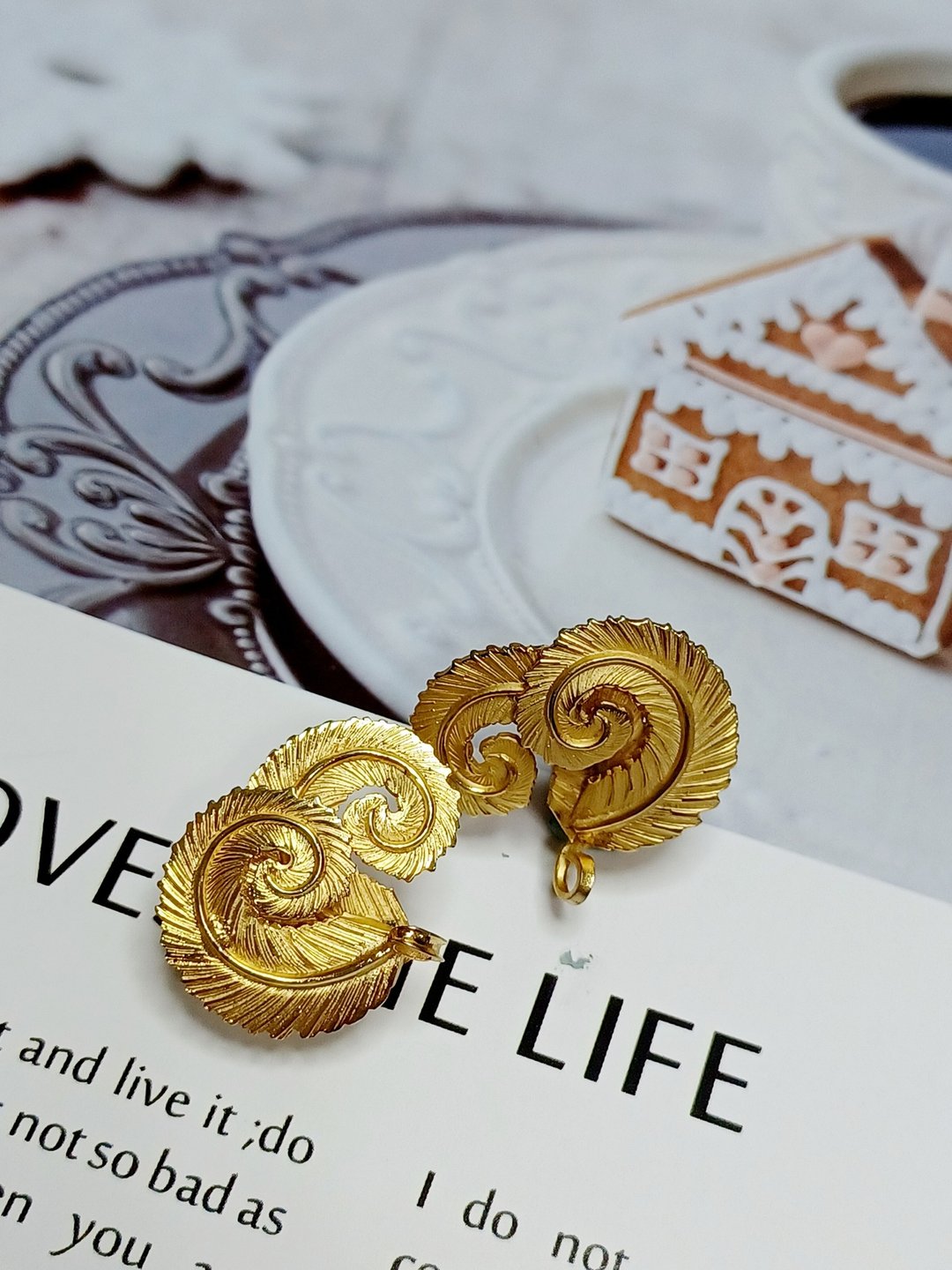 vintage jewelry  古董金色双蕨叶夹式耳环 - 耳环/耳夹 - 其他金属 