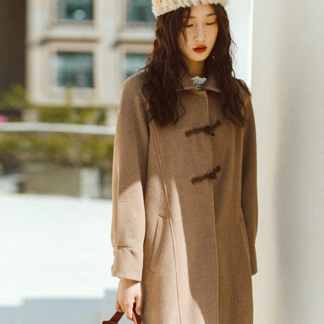 牛角扣大衣 学院风长款 小个子加厚毛呢外套 - 女装上衣 - 聚酯纤维 