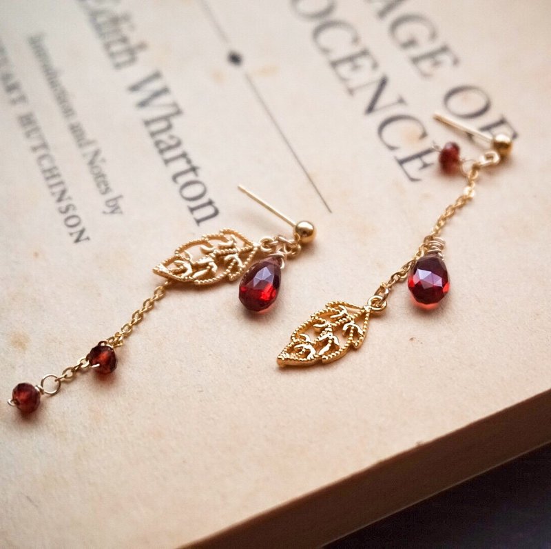 天然石榴石水晶镂空树叶日系Agete风格优雅耳环耳夹生日礼物 - 耳环/耳夹 - 半宝石 